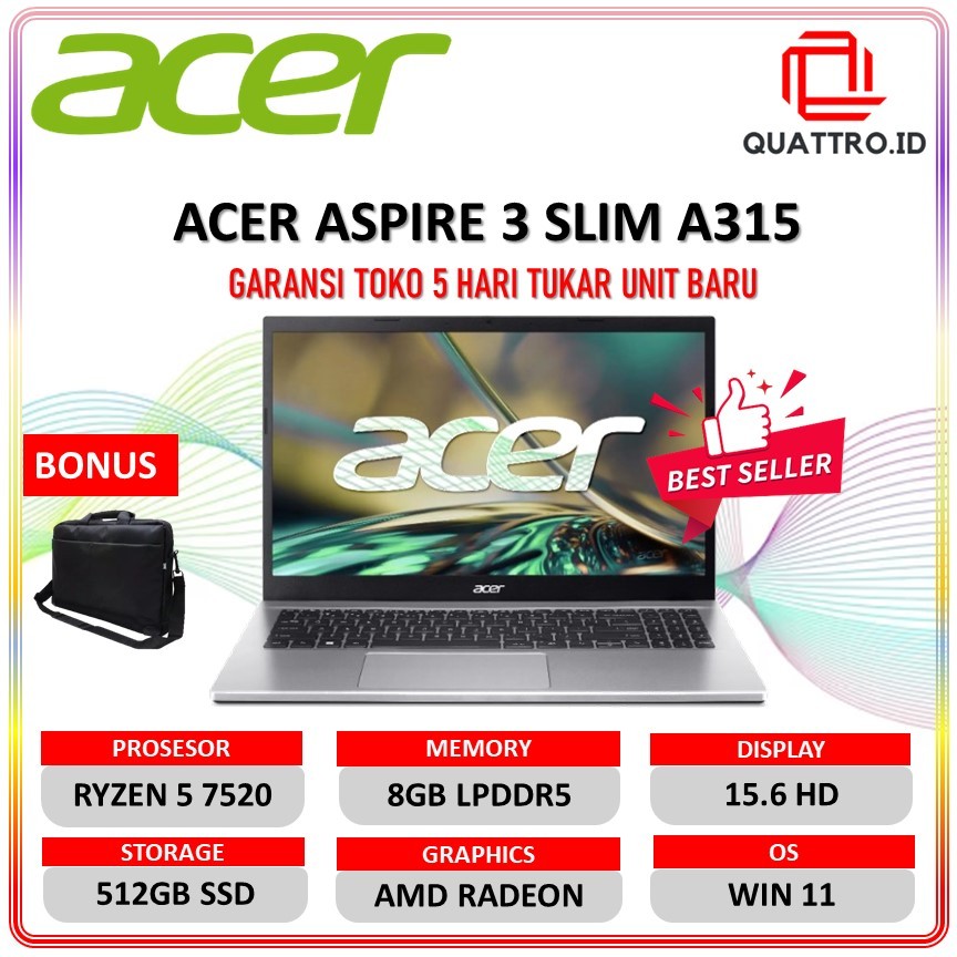 Laptop Acer Aspire 3 slim A315 Ryzen 5 7520 8GB 512SSD Win11 15 inch