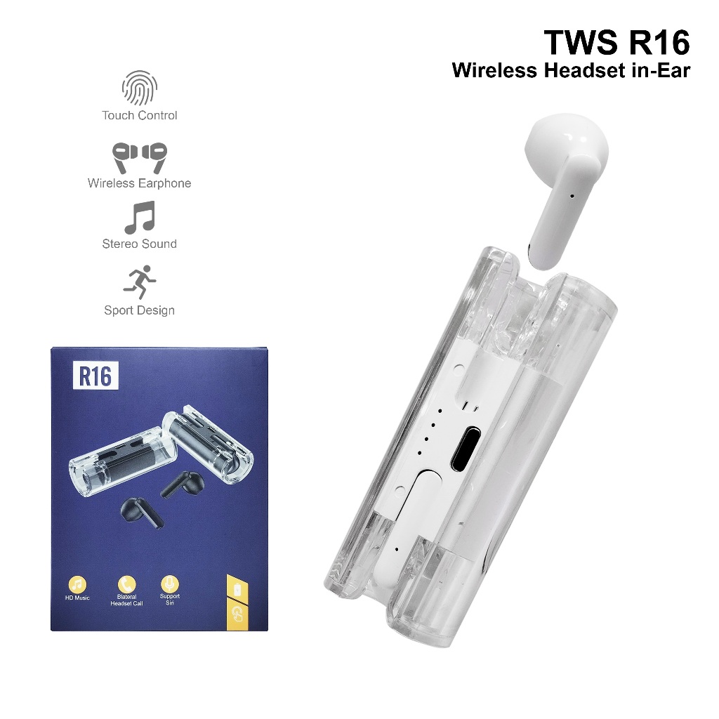 HEADSET HANDSFREE EARPHONE BLUETOOTH WIRELESS TWS R16 HANDSFREE WIRELESSH HANDSET KUALITAS BAGUS