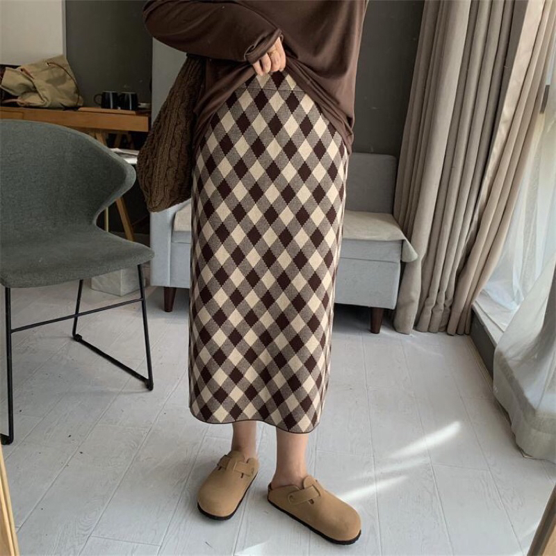 PRE ORDER 4-6 MINGGU - Rok Kotak-kotak Retro Wol Musim Gugur dan Musim Dingin Menebalkan Rok Belahan