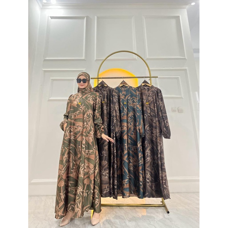 Gamis Armany brown digital motif DAUN TANGKAI MAYUNG set hijab