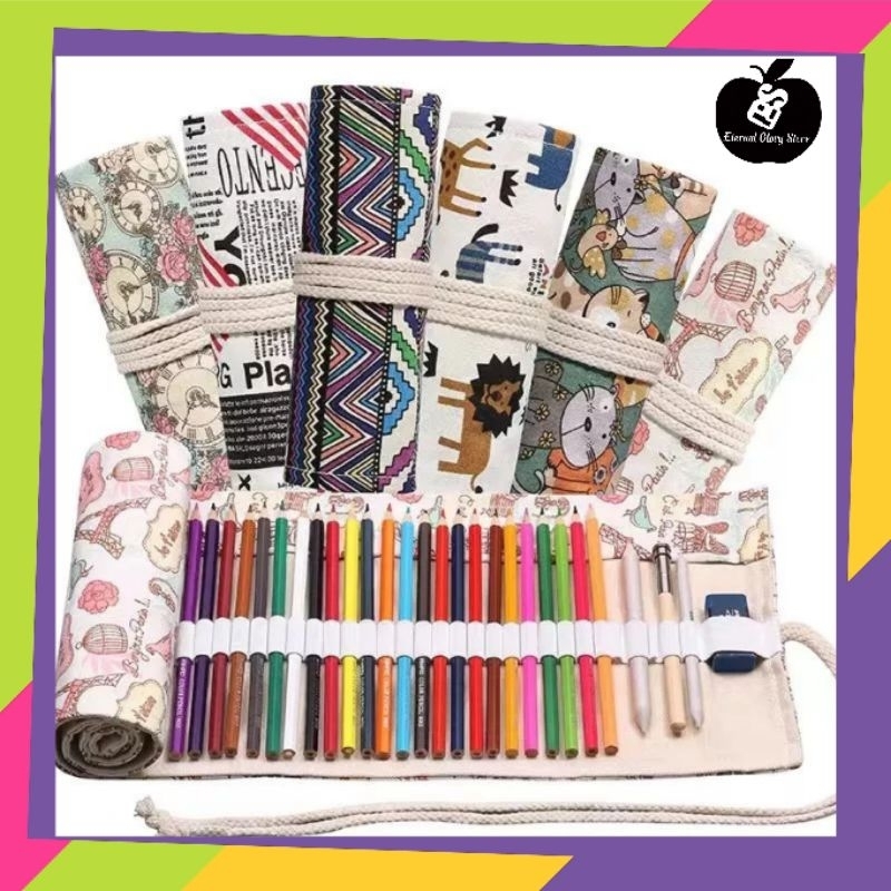 

Bohemian tas pensil gulung canvas / tempat pensil warna / tempat pensil