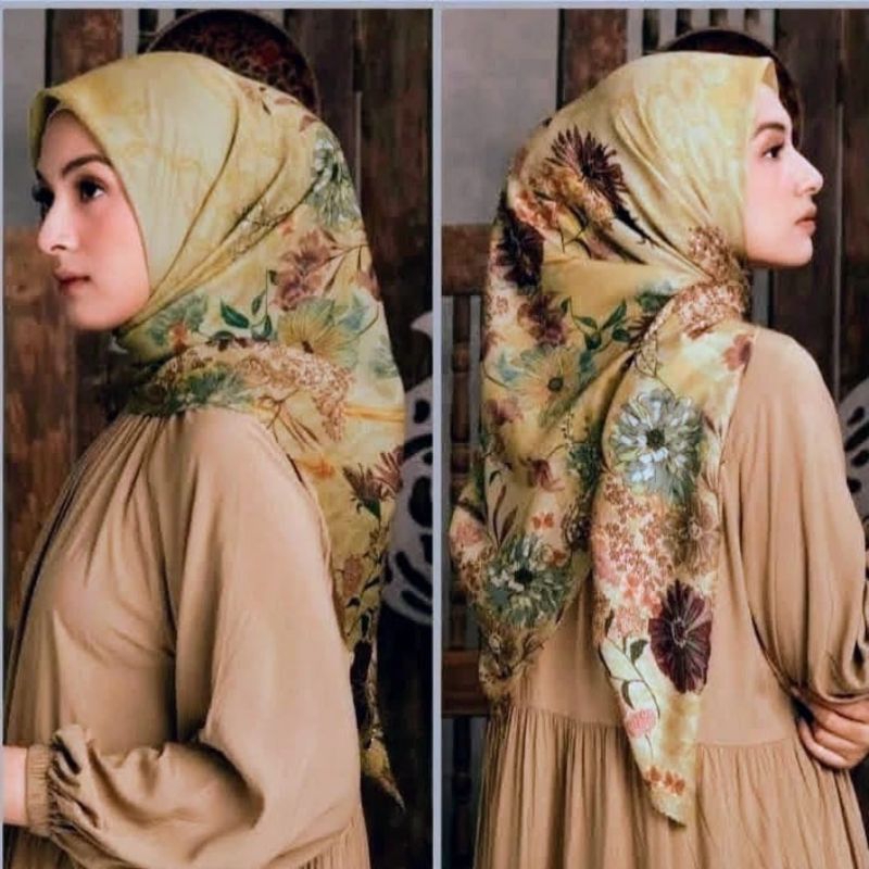 Kerudung segi empat motif terbaru motif warna kuning muda