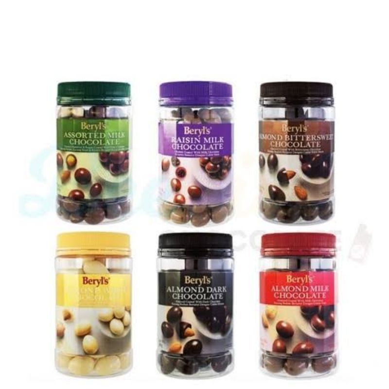 

Beryl's cokelat import Beryls Crunchy Assorted Almond Green Tea Milk White Chocolate Kemasan Jar 450g