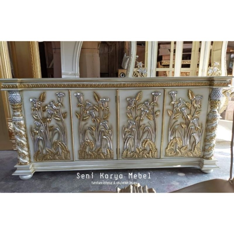 Bufet Hias Ukir Kayu Jati - Bufet Ukir Jati Duco Putih Gold Life