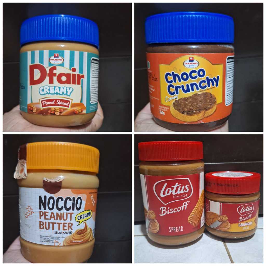 

SELAI LOTUS KACANG BISCOFF SPREAD CRUNCHY 400gr / CHOCO CRUNCHY CREAM 350gr / DFAIR CREAMY PENUT SPREAD 300gr /NOCCIO PEANUT BUTTER 340gr