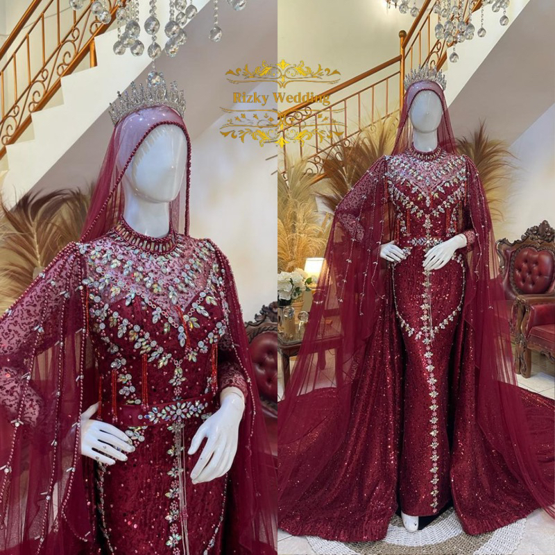 Gaun pengantin slim premium | Gaun pengantin slim ekor | Gaun pengantin slim motif gentong