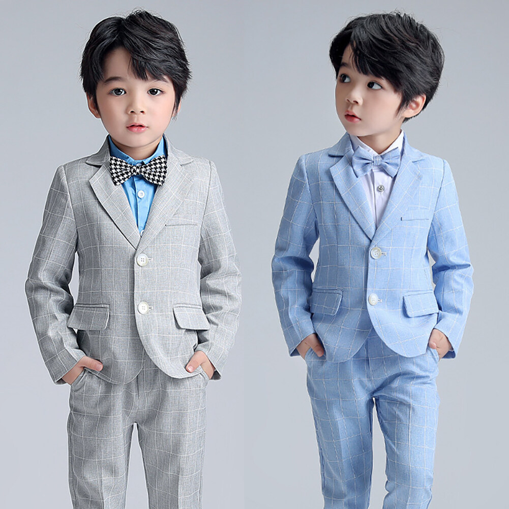 Setelan Anak Laki-laki 3 Buah Abu Biru Formal Jas Blazer Celana Dasi Kupu-kupu Tuxedo Set Pria Setel