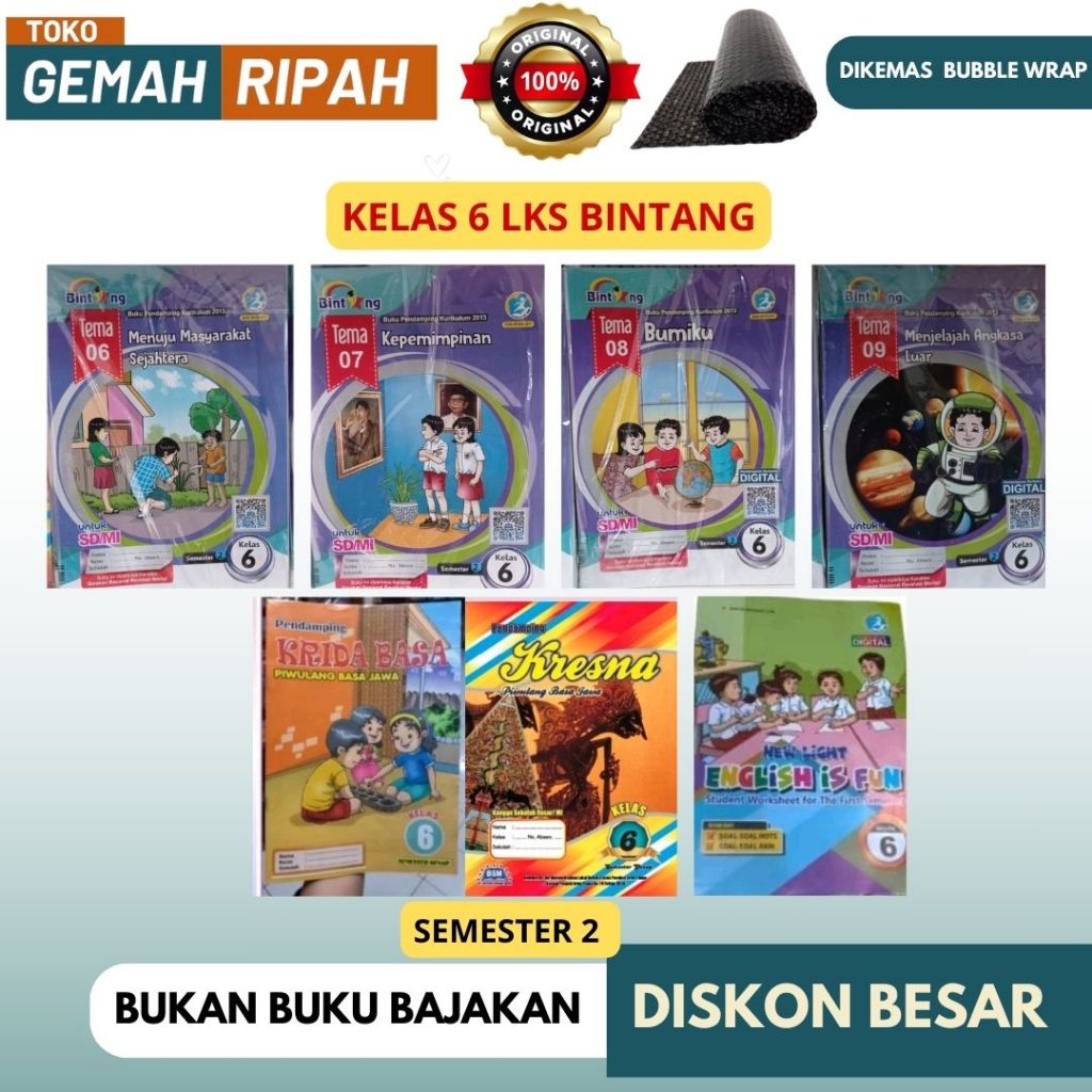 LKS BINTANG KELAS 6 SEMESTER 2 TEMA 6 7 8 9 / LKS KRESNA KRIDA  PIWULANG BASA JAWA / NEW LIGHT ENGLI