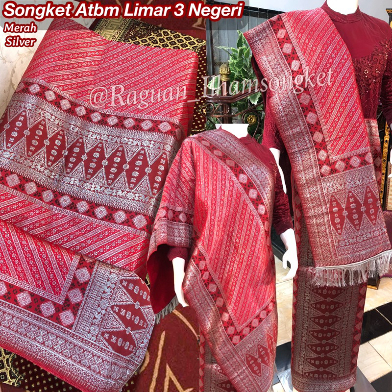NEW Songket Atbm Limar 3 Negeri Exclusive k09 Merah Silver/ Songket Tenun Mesin Palembang ilham Songket  / Motif Pulir