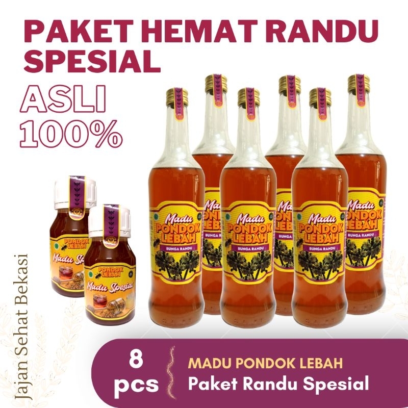 

Paket Hemat 6 botol Madu Murni Randu 600ml + 2 botol Madu Spesial Pollen Royaljelly 350gr - Madu Pondok Lebah