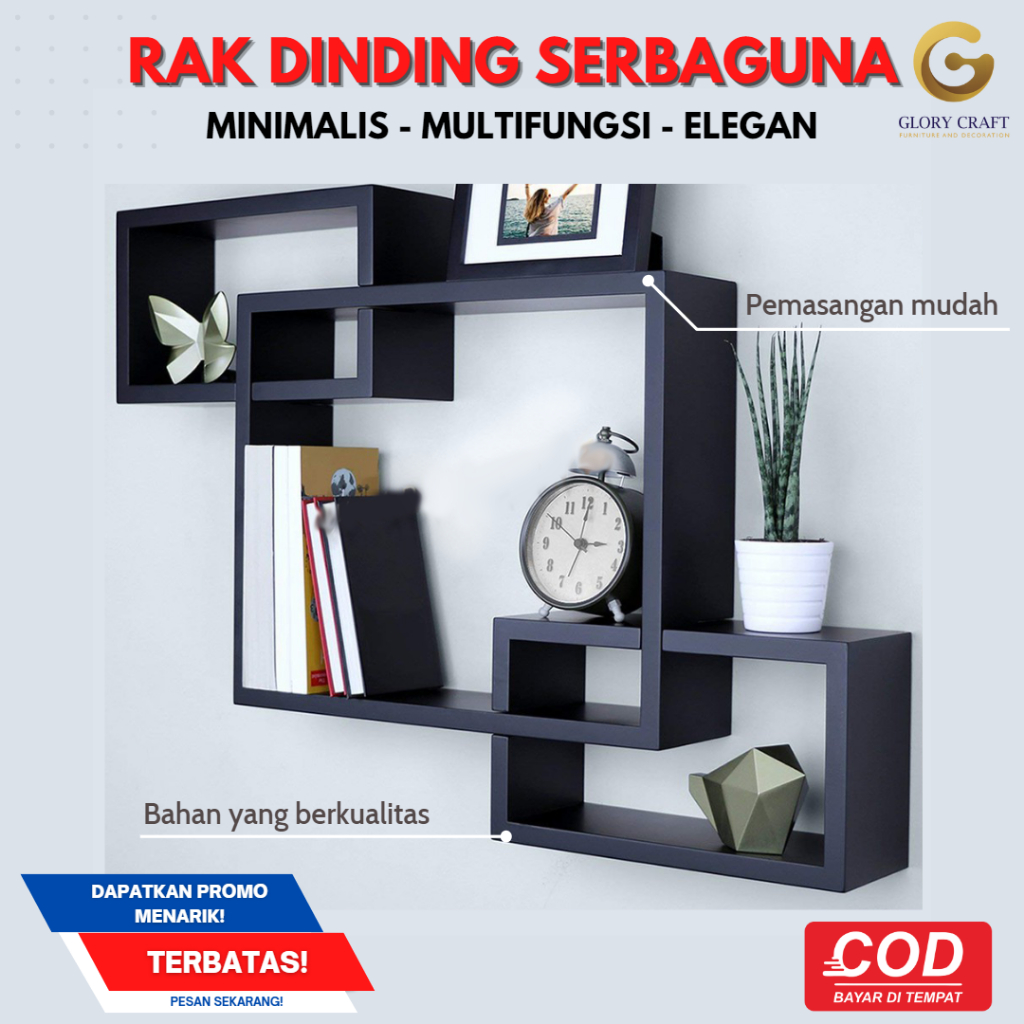 Rak Dinding Kayu Tempel Minimalis - Rak dinding serbaguna, Hiasan dinding, Rak dinding kotak, tempel