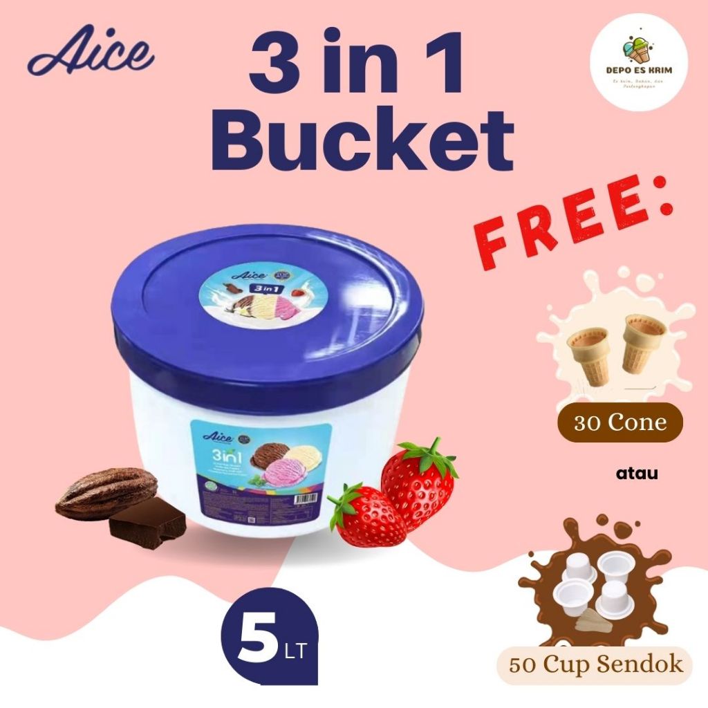 

Es Krim AICE Bucket 5 liter 3 in 1 Neapolitan Vanilla Coklat Strawberry Gratis Cone / Cup Ready Stock