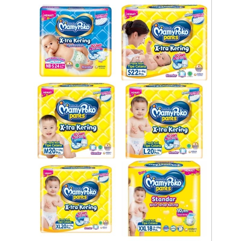 MamyPoko Pants Standar Xtra Kering 10 Jam - Popok Celana Bayi S22/M20/L20/XL20/XXL18/Perekat NB-S24/