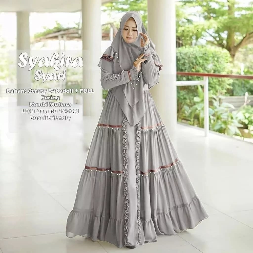 UMMA Fashion - Syakira Syari Baju Gamis Wanita Dewasa Satu Set Dengan Kerudung Variasi Lis Dan Mutia