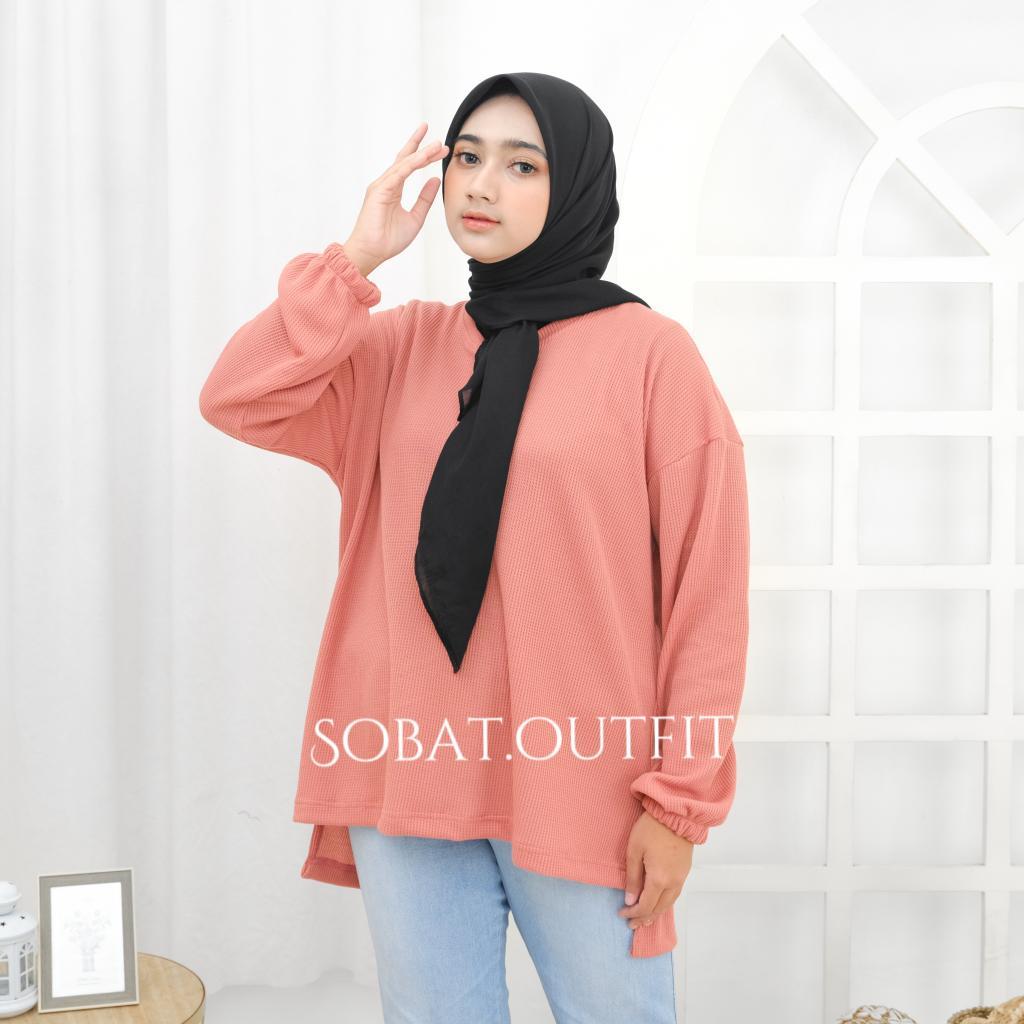 Atasan Kaos Wanita waffle uniqlo oversize lengan balon LD 110 - 130 cm