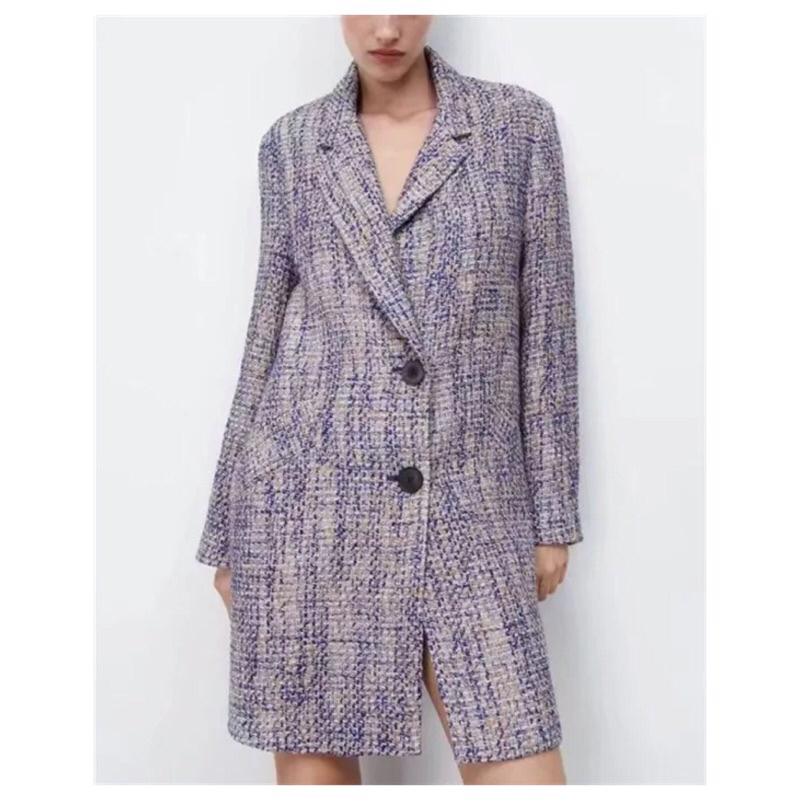 Blazer Dress Blazer Panjang Tweed Biru - Blue Tweed Long Blazer