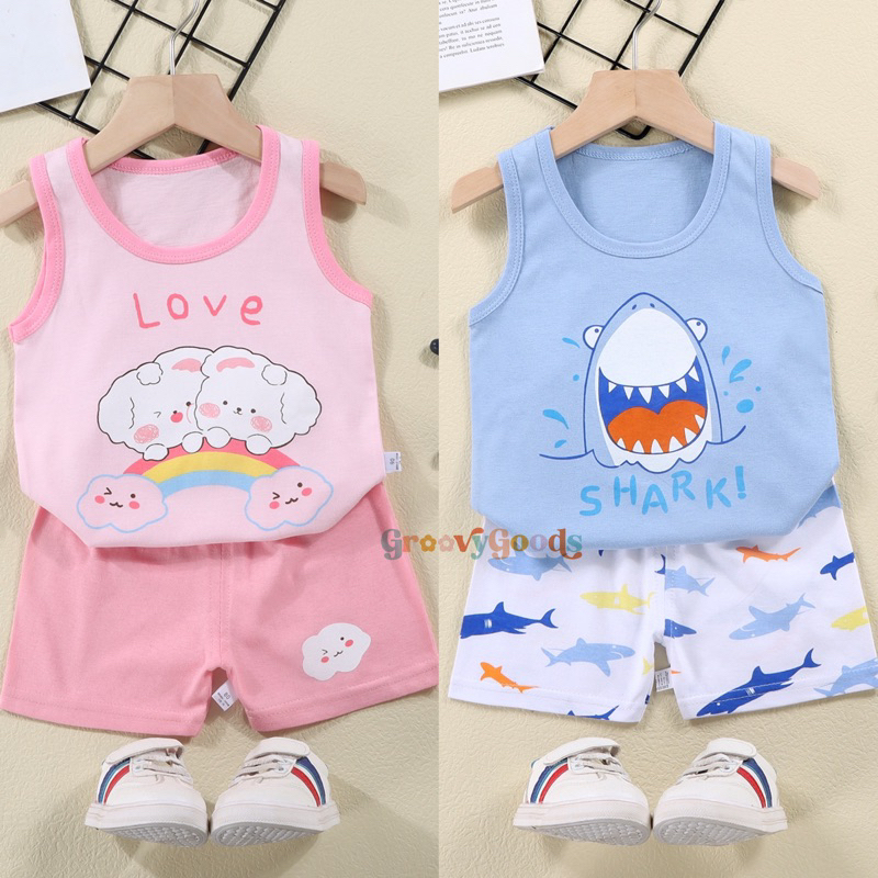 Setelan Pendek Oblong Tanpa Lengan Motif Lucu Baju Bayi Oblong Tanpa Lengan Umur 0-4 Tahun