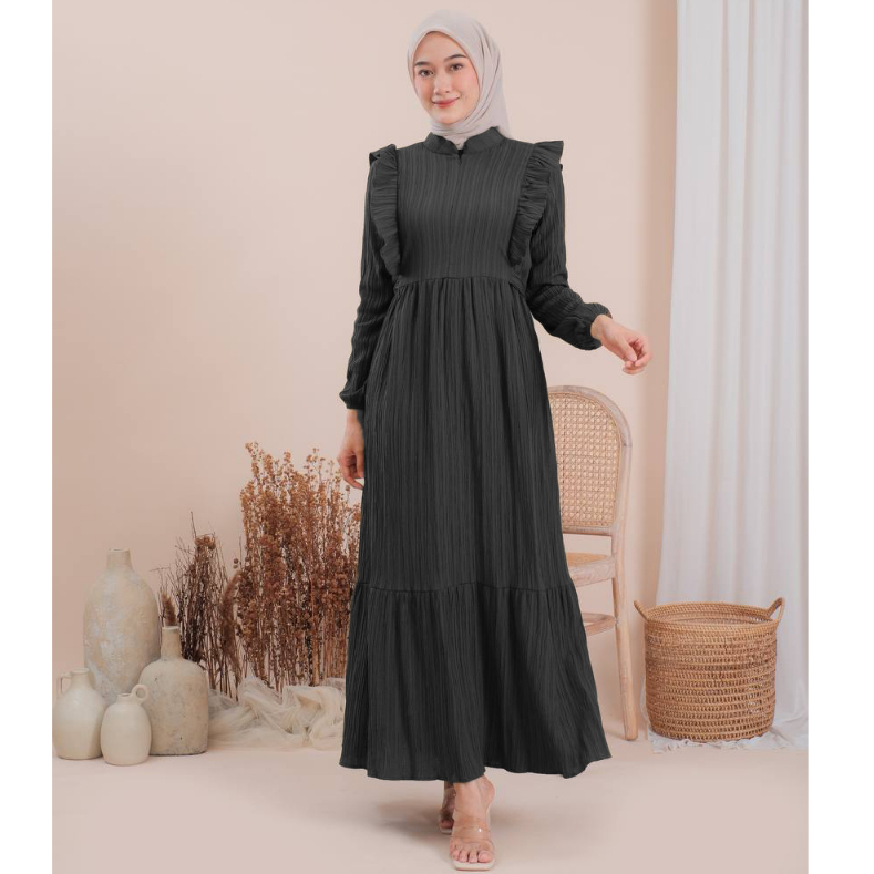 Letisa Dress Wanita Kekinian Baju Gamis Dewasa Terbaru Bahan Ladycrush Premium-Letisa Hitam