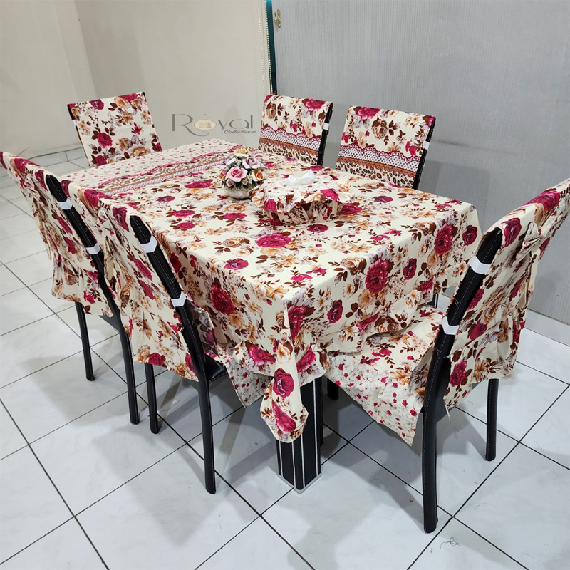 SET 6 Sarung Kursi Makan Taplak Meja Sarung Tisu Motif Bunga Polkadot Kotak