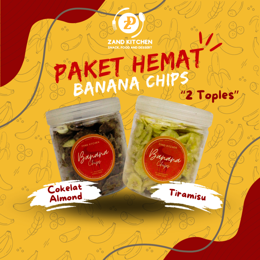 

PAKET HEMAT 2 Toples Banana Chips - Rasa Cokelat Almond & Tiramisu | Keripik Pisang by ZAND Kitchen