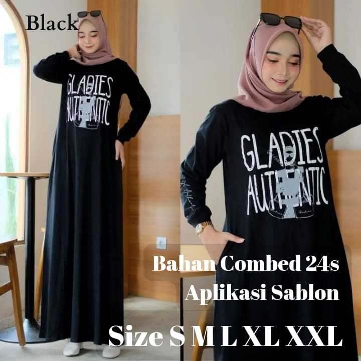 Baju Gamis Terbaru Remaja Glade Maxy Dress BO Bahan Kaos Katun Combed 24S Aplikasi Sablon Size S M L