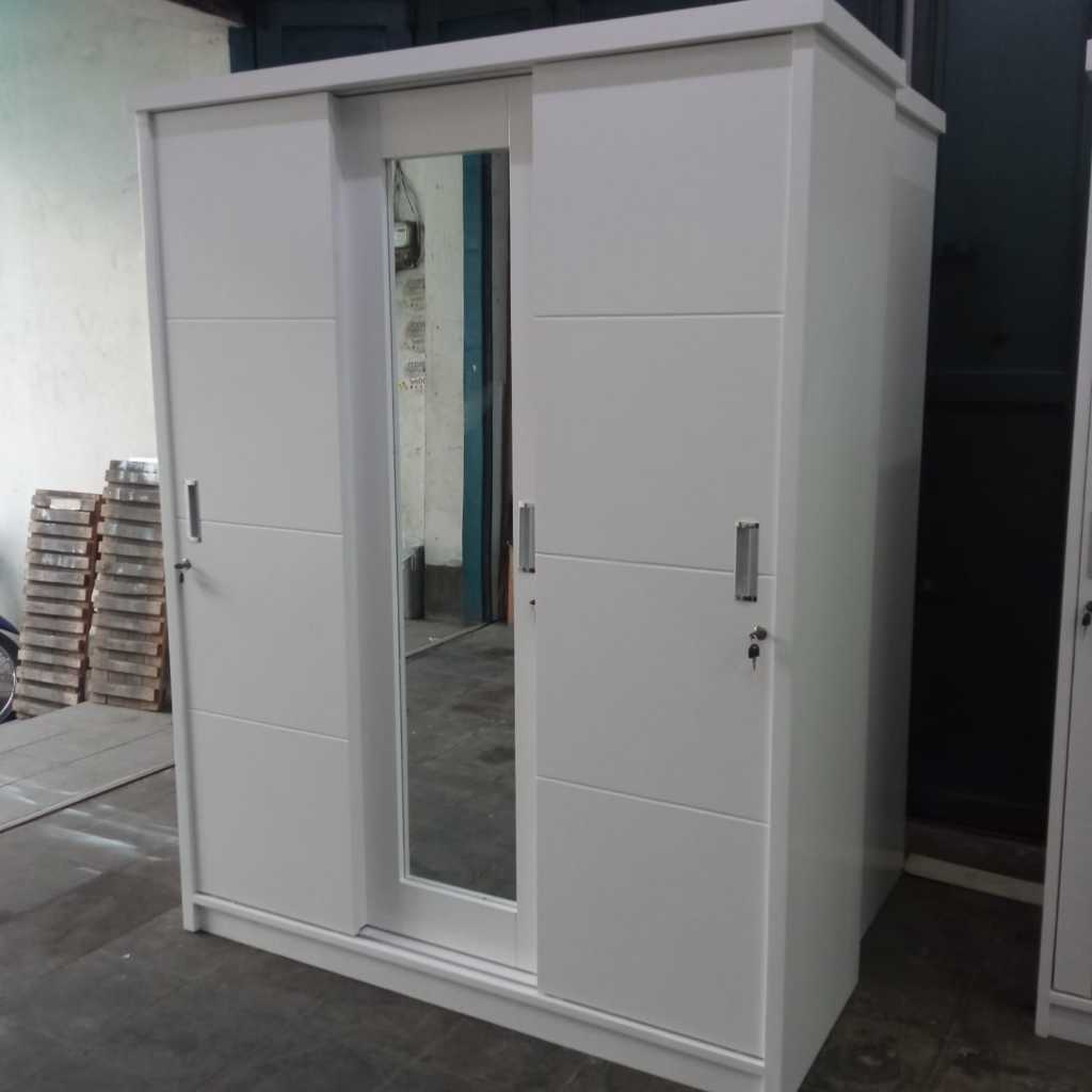 Lemari Pakaian 3 Pintu Sliding Blockboard ( Kaca Panjang ) Gantungan 1 lipatan 2 pintu