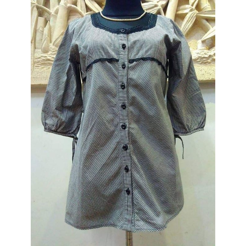 Kemeja Wanita Kotak Kotak Kecil Hitam Abu Abu