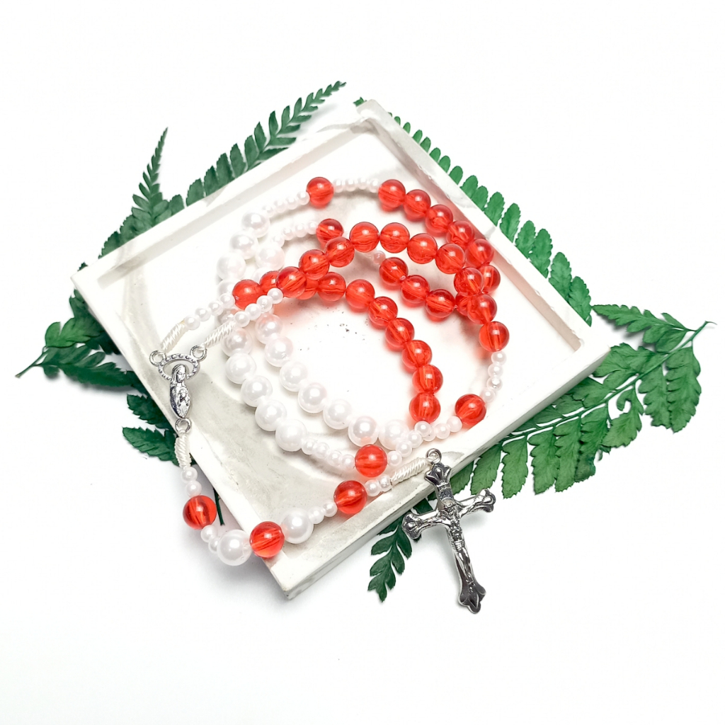 Kalung Rosario Merah Putih / Aksesoris Kalung Rosario Katolik Asli/ Devosi Rosario Merah Putih