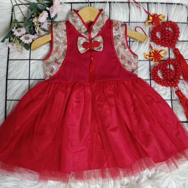 DRESS CHEONGSAM IMLEK BAYI 6 BULAN SAMPAI ANAK PEREMPUAN 3 TAHUN / GAUN PESTA ANAK MODEL RUMBAI