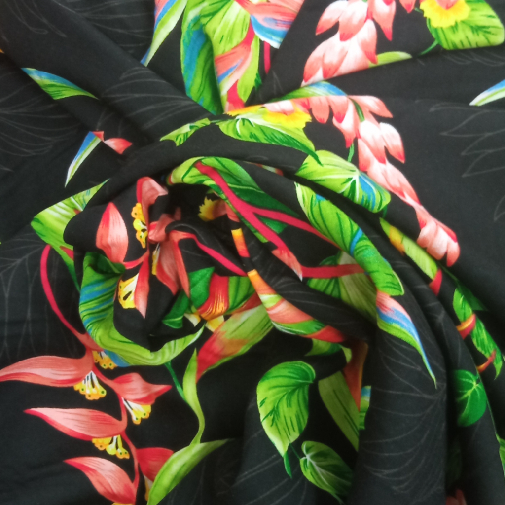 katun rayon trantrek garment premium original motif bunga pantai dasar hitam