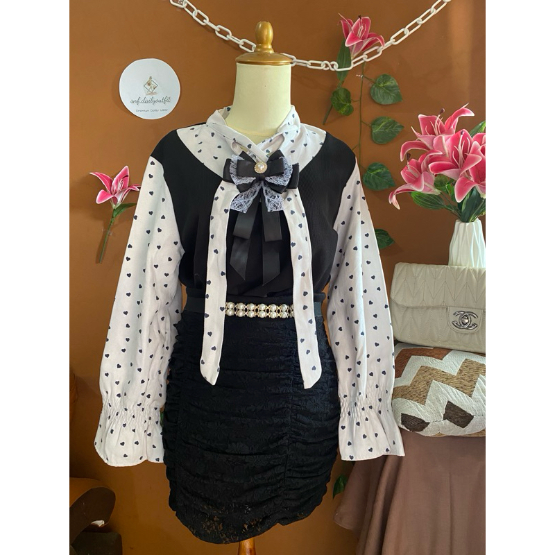 BLOUSE ATASAN CROP BALON RAJUT POLKADOT LOVE KNIT WANITA