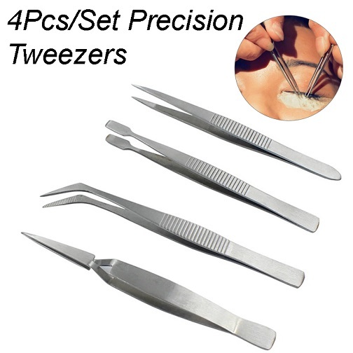 Pinset Stainless 4 fungsi Serbaguna $pc Tweezer Set Kurva Lurus isi 4