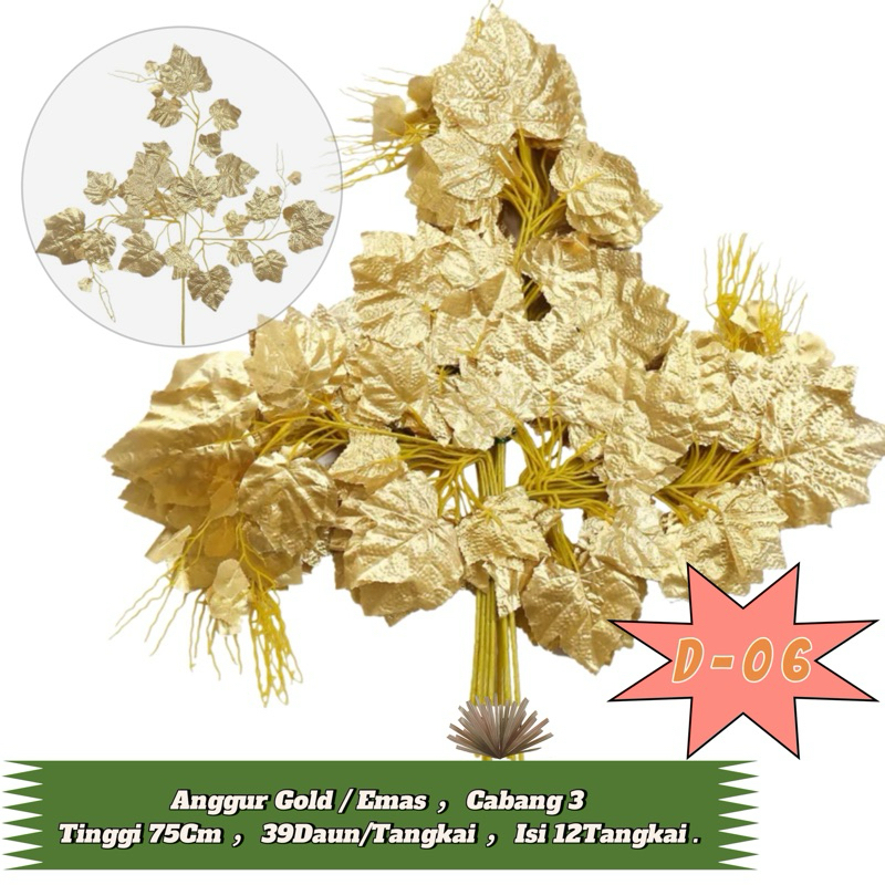 Daun anggur EMAS / Daun anggur plastik / Daun dekorasi / D-06/ 1 lusin