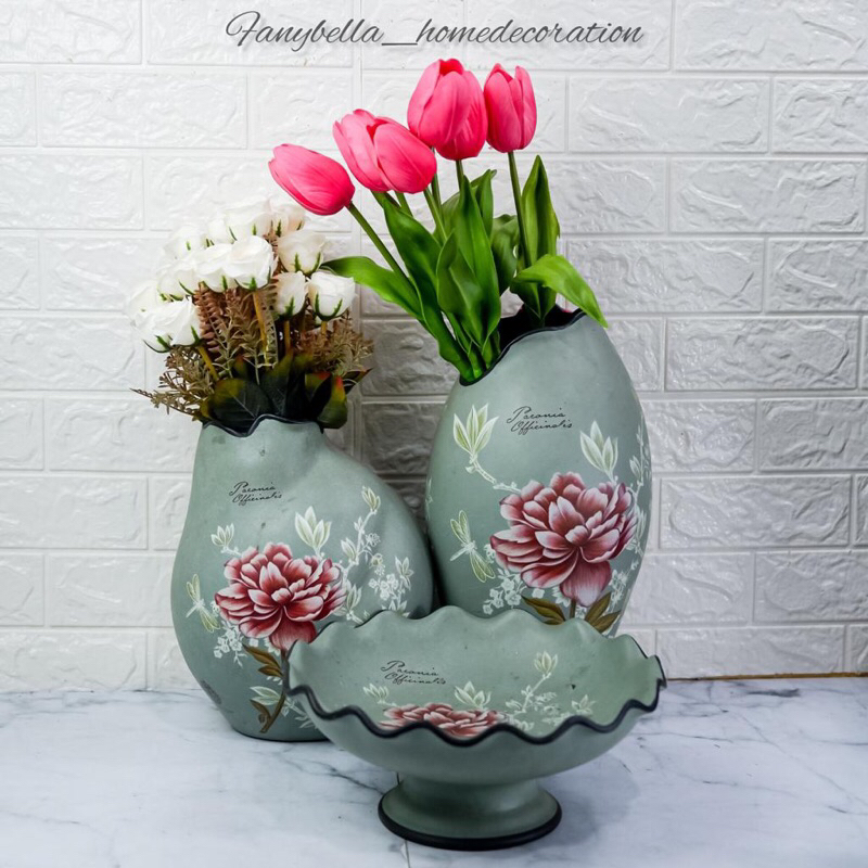 Vas Bunga Retro Klasik Keramik Tosca Hijau Motif Bunga Mawar Antik Guci Antik Dekorasi Rumah| FANYBELLA