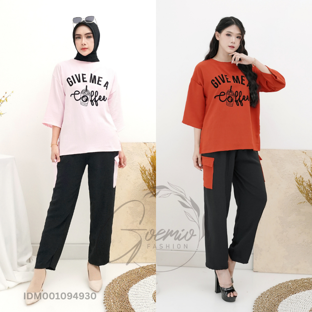 Ilook | LD 120 One Set Crinkle Wanita A Coffe Lengan 3/4 Celana Kargo