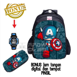 Tas ransel anak laki laki karakter superhero tempat pinsil jam tangan