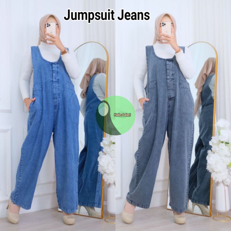 Jumpsuit Jeans Wanita Dewasa Celana Kodok Panjang Jumbo Saku Kanan Kiri Polos Kekinian
