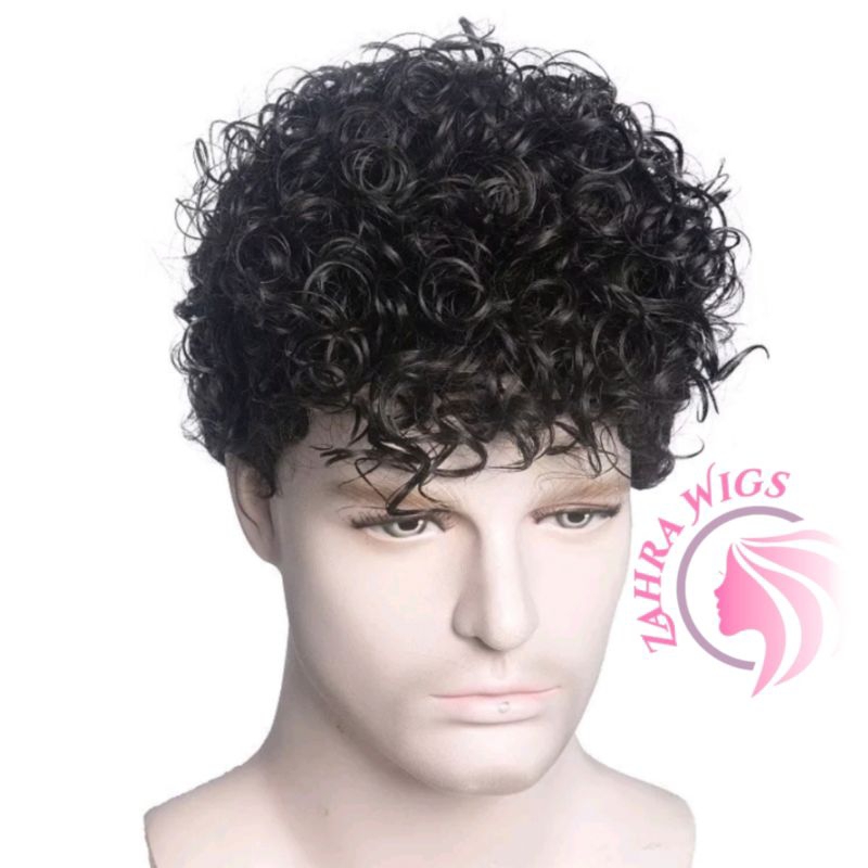 Wig Kribo Rambut Pendek Kribo Warna Hitam Rambut Palsu Rambut Ikal Versi Pria India