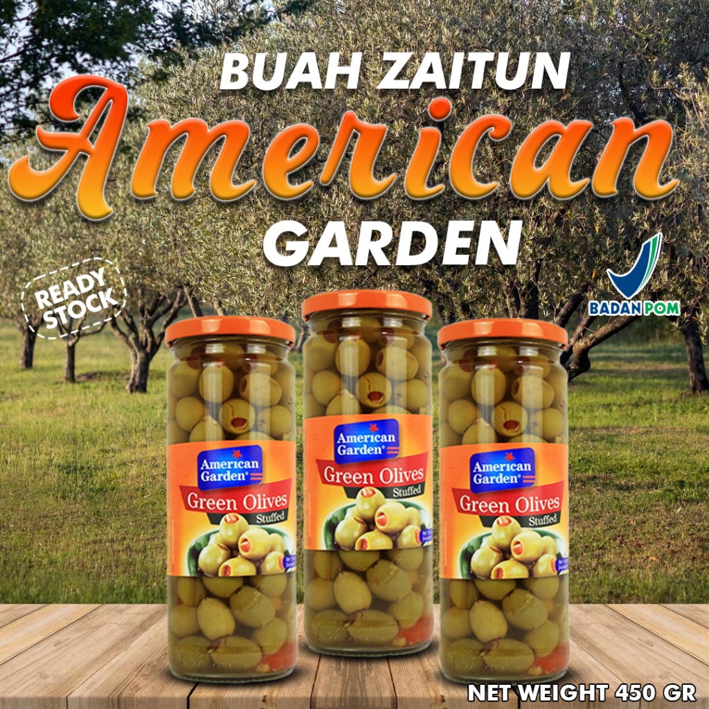 

STUFFED / AMERICAN GARDEN GREEN OLIVES 450GR/ BUAH ZAITUN TOPLES/ BUAH ZAITUN HIJAU/ STUFFED / ZAITUN JARR