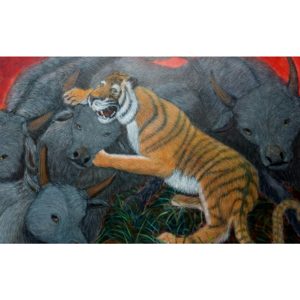 LUKISAN PERTEMPURAN HARIMAU MELAWAN SEKUMPULAN KERBAU