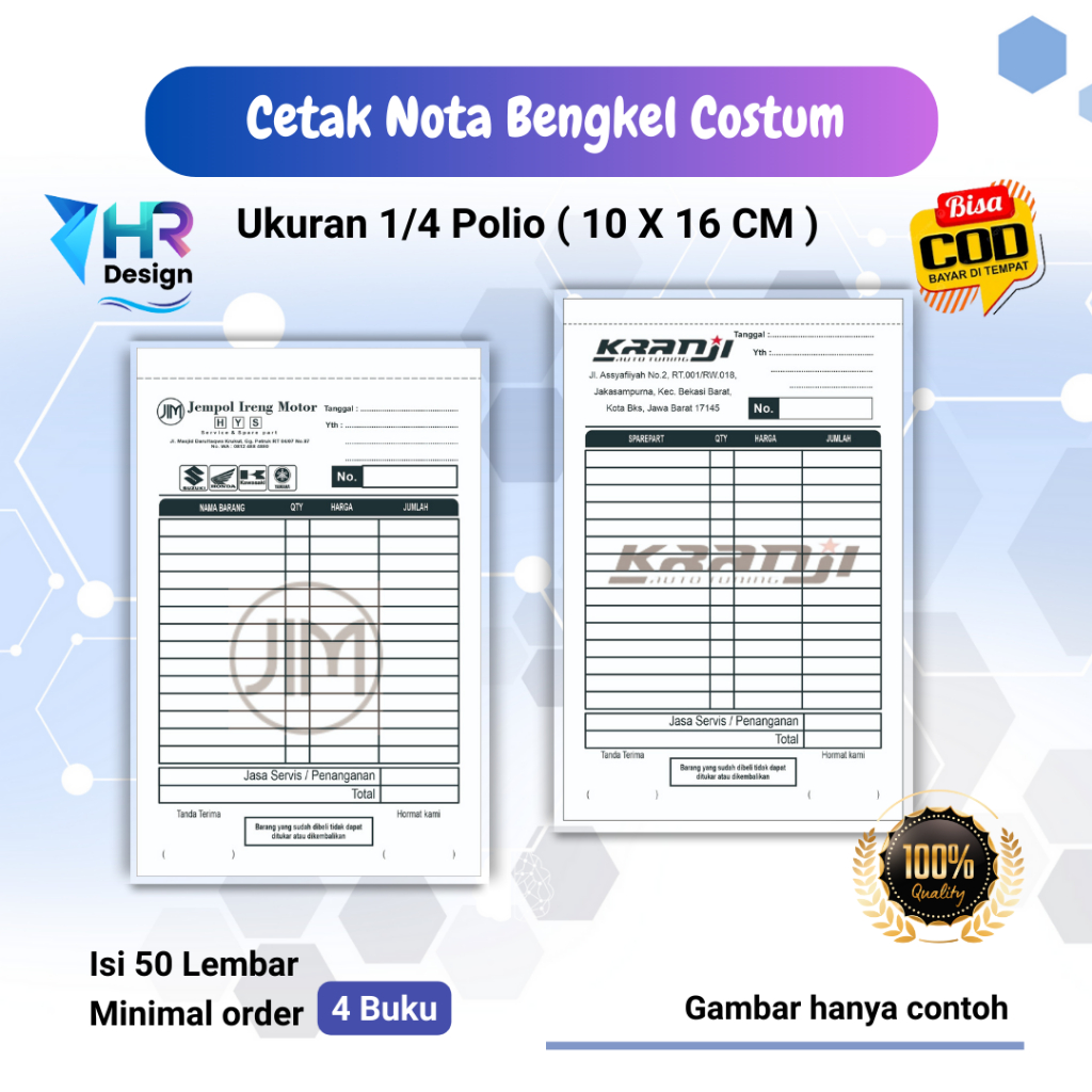 

Cetak Nota Bengkel Motor custom nama bengkel sendiri full color ukuran 1 per 4 folio isi 50 lembar