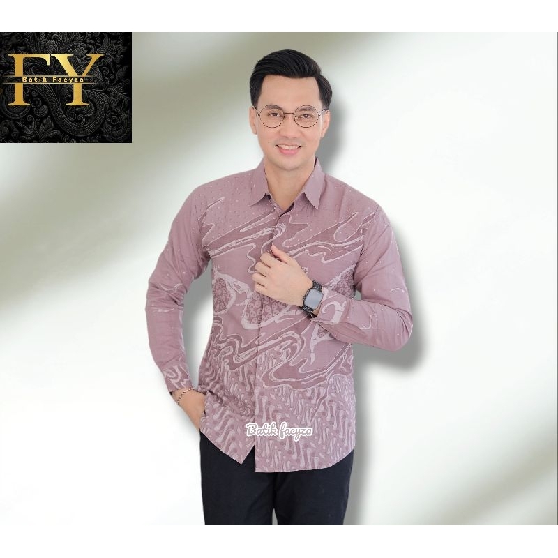 Kemeja batik pria lengan panjang, Hem batik, Atasan batik Motif Adimurti warna ungu Lilac/pastel dab
