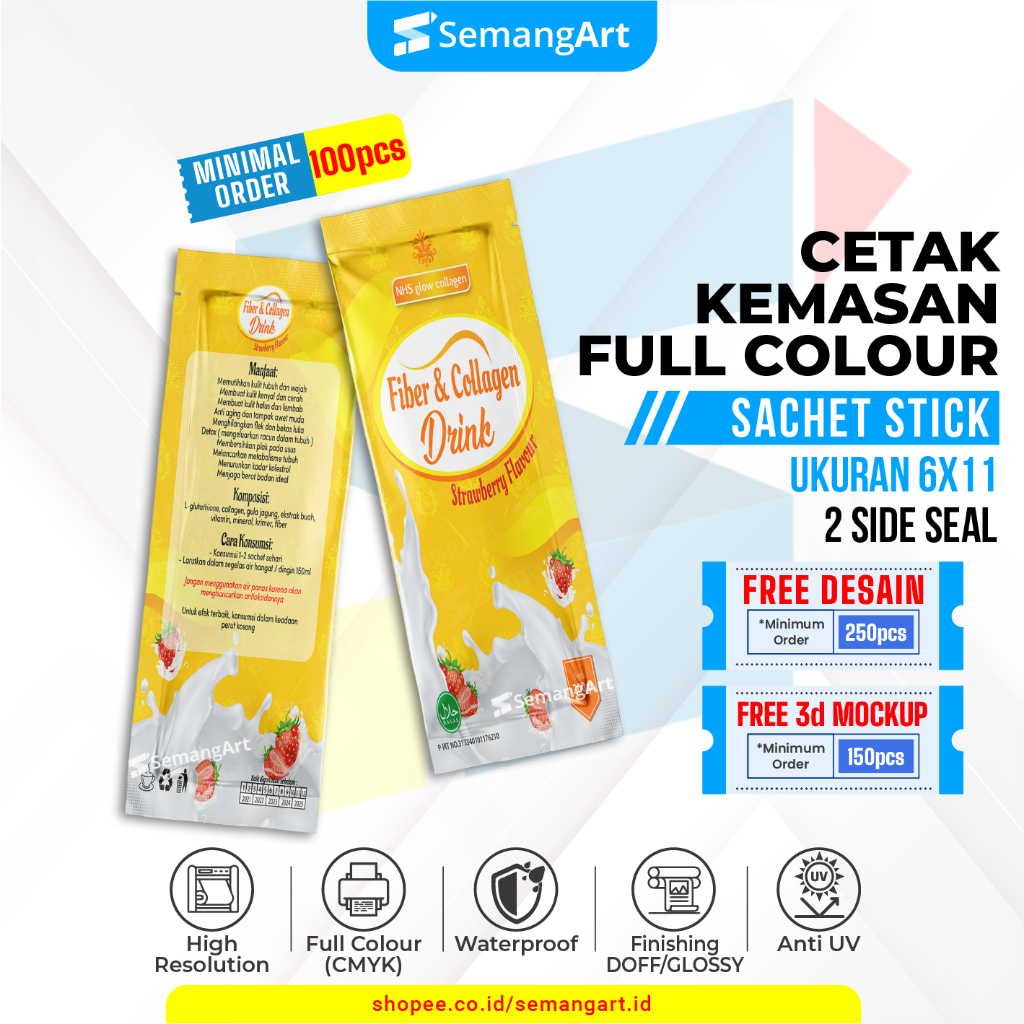 

Kemasan Sachet 6x11 Minuman Serbuk Collagen / Gel Cairan Full Printing Desain Custom