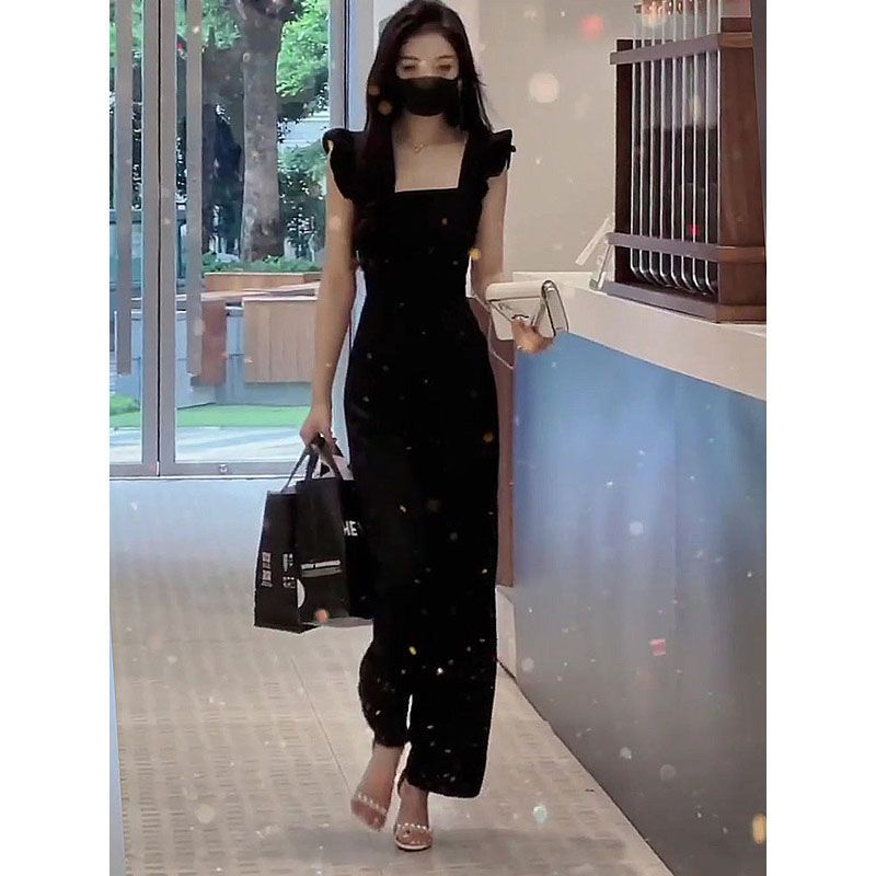 Celana Terusan Kerah Persegi untuk Wanita, Celana Terusan Pelangsing Kerah Persegi Lengan Terbang El
