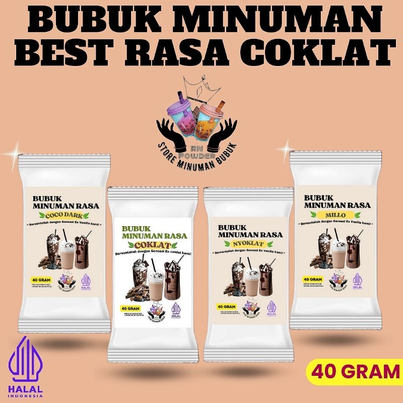 

Bubuk Minuman Premium Rasa Cokelat Serbuk Minuman Powder Bubuk Minuman Kekinian Minuman Kemasan 40gr