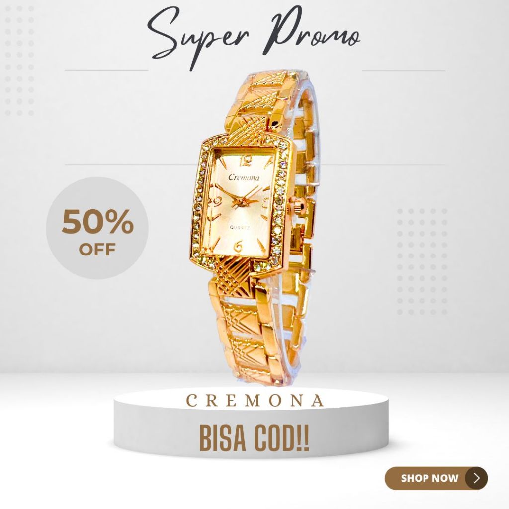 CREMONA Jam Tangan Wanita Rantai Kecil Model Kotak Cewek Fashion Analog Permata Murah