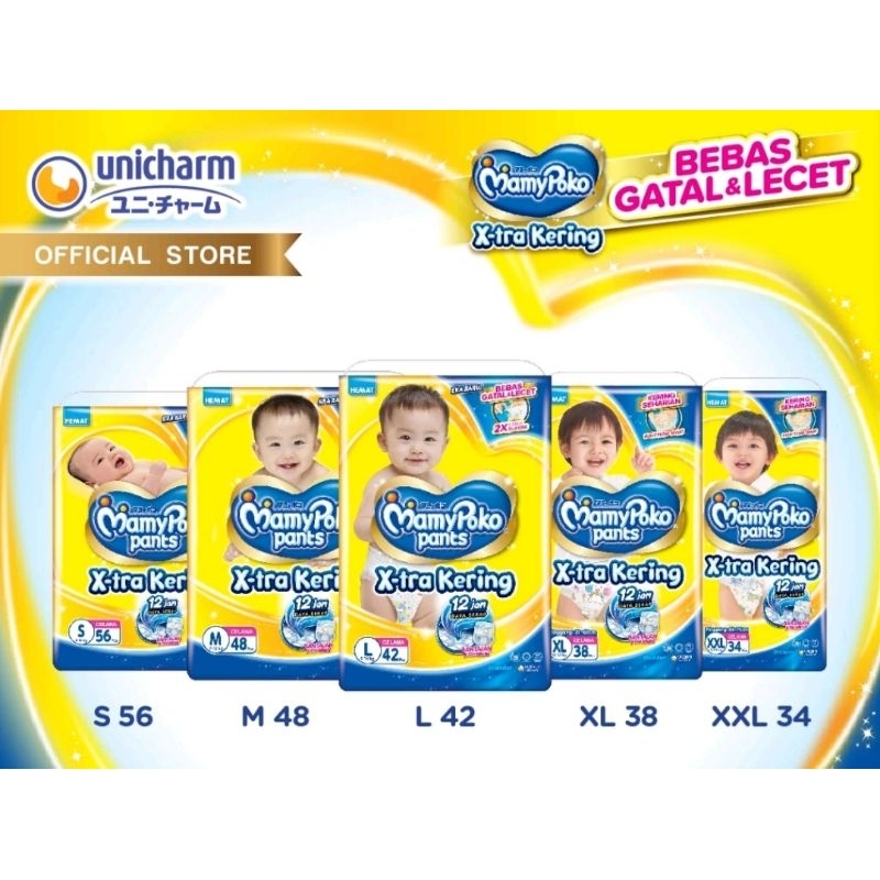 PROMO  Mamypoko Pants Xtra Kering Tipe Celana S56 M48 L42 XL38 XXL34 XXXL20+2 S22 S38 M32 L28 XL26 X
