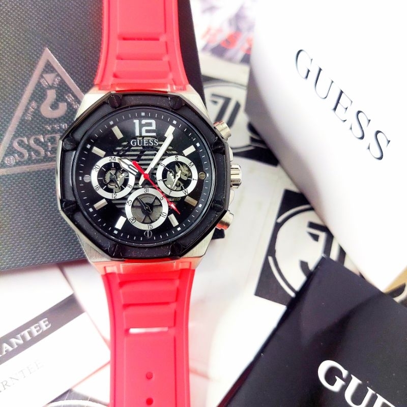 Guess Momentum GW0263G3 Black Sunray Dial Red Silicone Strap Jam Tangan Pria Free Box Ori