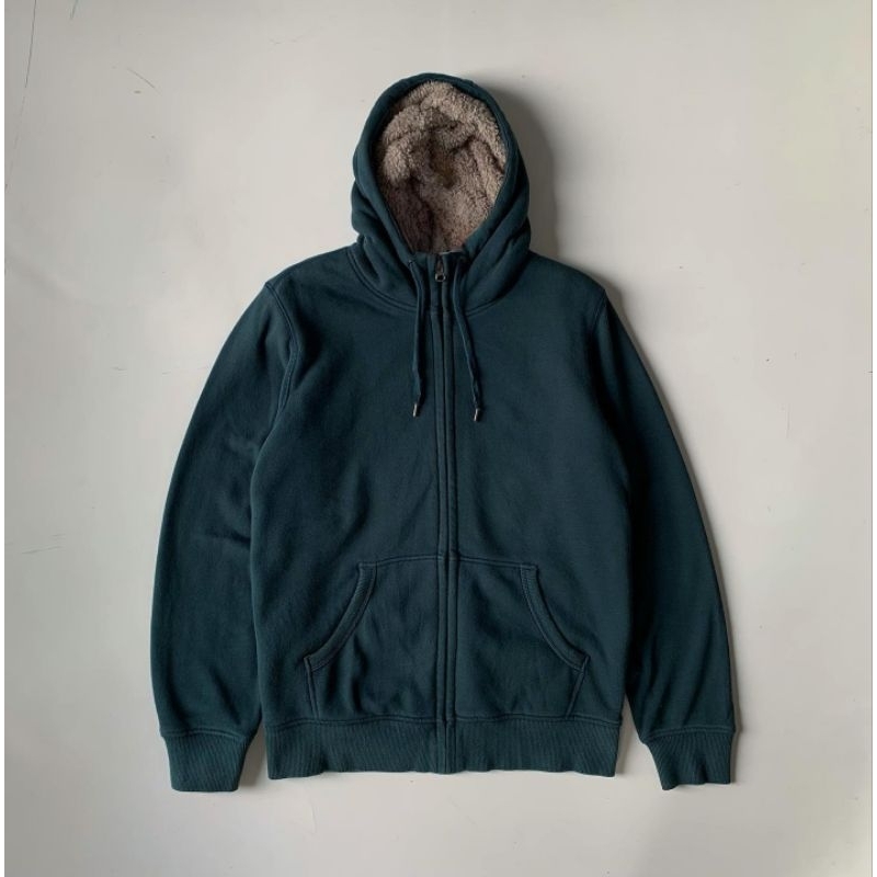 Uniqlo Zip Hoodie Sherpa Hijau Botol