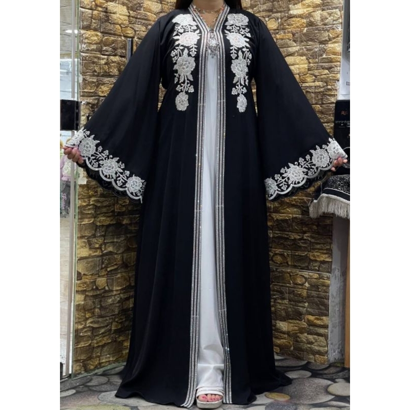 Gamis Abaya Outer Inner Bordir Motif Bunga Ori Mesir